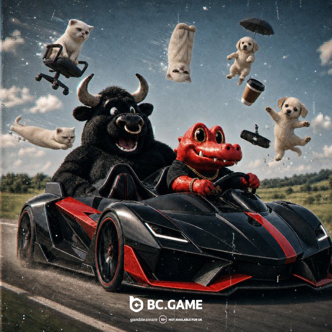A surreal advertisement for BC.GAME featuring a red crocodile in a gold chain driving a black and red sports car with a buffalo, alongside floating cats, puppies, a coffee cup, and other items.