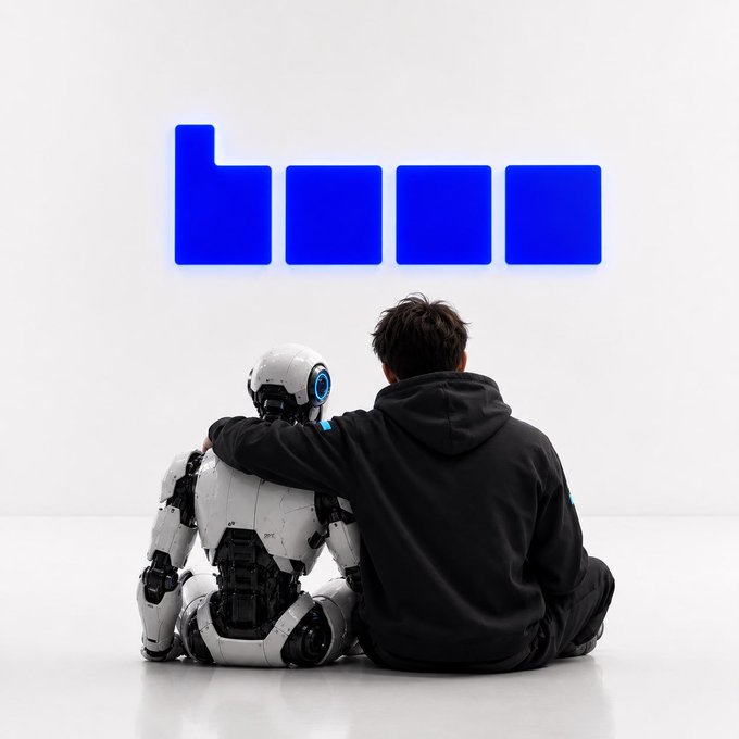 A person in a black hoodie sits on the floor with their arm around a white humanoid robot, both facing a glowing blue "Base" logo on the wall, illustrating the post's message about an AI agent being on the Base platform.