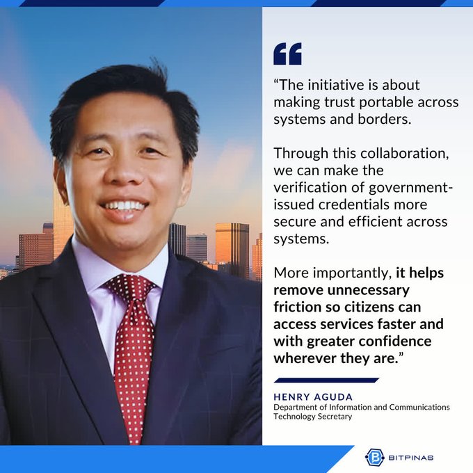 A promotional graphic featuring a portrait of Henry Aguda, Department of Information and Communications Technology Secretary, alongside a quote about making trust portable across systems and borders, branded with the 'BITPINAS' logo.