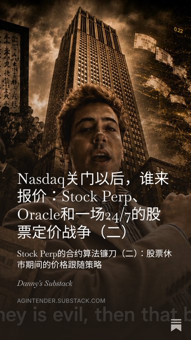 A sepia-toned, cinematic image features a young man's face superimposed against a looming skyscraper under a cloudy sky, overlaid with Chinese text discussing "Nasdaq closing" and a "24/7 stock pricing war." The headline references "Stock Perp" and "Oracle" in the context of continuous stock trading, with the publisher credited as "Danny's Substack" and the subtitle mentioning pricing strategies during stock market closures.