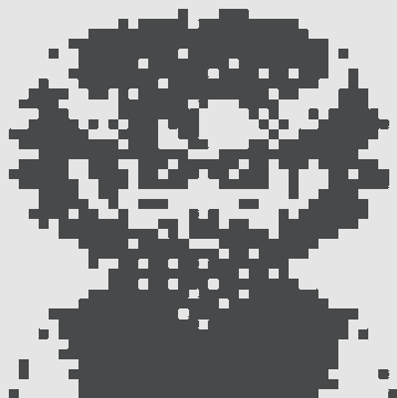 A pixelated black-and-white portrait of a person, rendered in a low-resolution retro video game style.