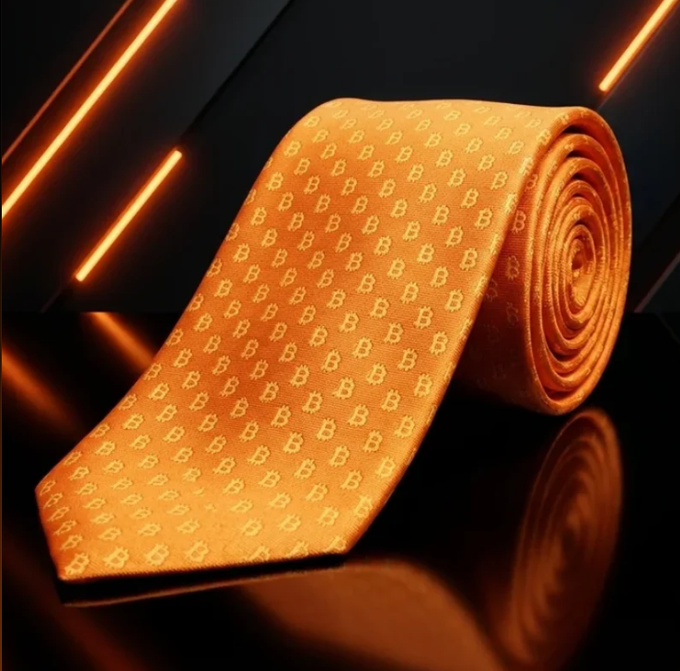 An orange Bitcoin-patterned tie is neatly rolled and displayed against a dark, sleek background with glowing orange light strips, reflecting on a glossy surface. The tie's repeating ₿ logo pattern ties into the post's "suitcoiner" theme, blending crypto culture with classic formalwear.