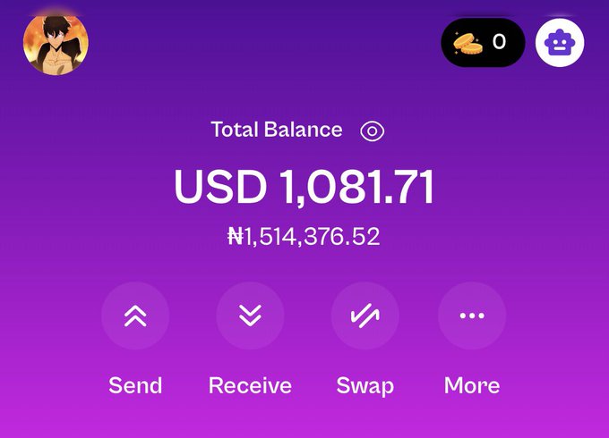 A cryptocurrency wallet interface displays a total balance of USD 1,081.71 (₦1,514,376.52) on a purple gradient background, with options to Send, Receive, Swap, and More. The image serves as a request to "buy breakfast" via $SOL to the wallet owner's address, likely tied to the noted post seeking crypto contributions.