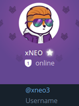A purple profile screen for user 'xNEO' with the handle '@xneo3' showing an avatar of a character wearing sunglasses.