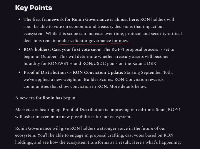 A text slide titled "Key Points" discussing Ronin Governance, RON holders, and the RGP-1 proposal process, with one sentence underlined in red about validator governance.