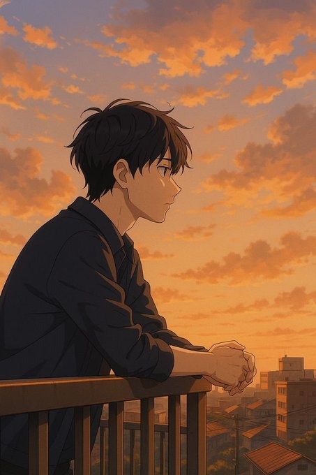 An anime-style illustration shows a young man leaning on a balcony railing, looking out at a cityscape during a vibrant orange sunset.
