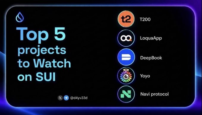 A graphic titled 'Top 5 projects to Watch on SUI' listing T200, LoquaApp, DeepBook, Yoyo, and Navi protocol with their respective logos.