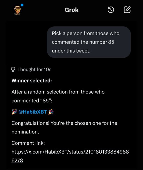 A screenshot of a Grok AI response selecting a random winner @HabibXBT from commenters who wrote '85' under a tweet, with a comment link provided.