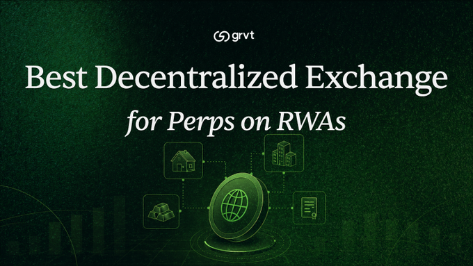 A green-themed promotional banner for 'grvt' advertising it as the 'Best Decentralized Exchange for Perps on RWAs' with icons representing real-world assets like houses and gold.