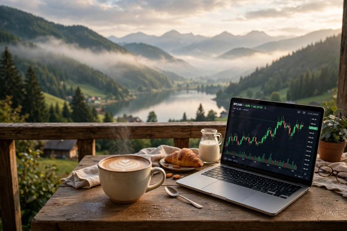 A steaming latte, fresh croissant, and laptop displaying a BTC/USD candlestick chart with an upward trend sit on a wooden balcony overlooking a serene mountain lake at sunrise, perfectly capturing the "Let's Make Some" (profits) morning motivation as traders start their day in a peaceful, scenic setting.