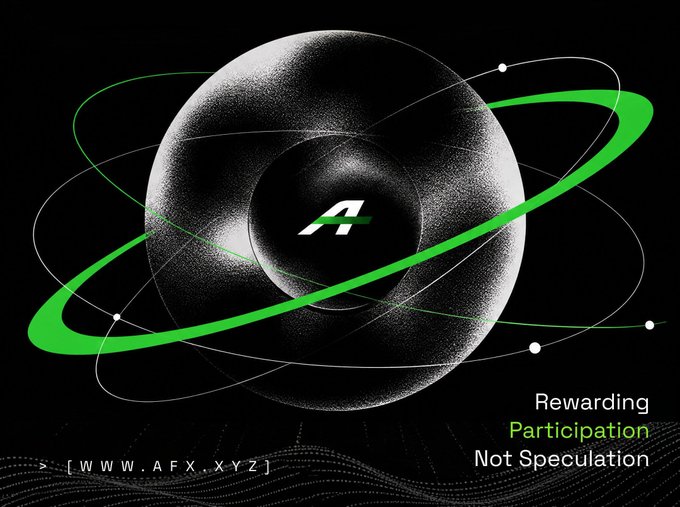 A futuristic graphic featuring a central spherical object with orbital rings and the "AFX" logo, accompanied by the tagline "Rewarding Participation Not Speculation" and the website "WWW.AFX.XYZ." The cosmic, equal-distribution imagery visually reinforces the post's message about AFX's fair airdrop model, where 65% of supply is allocated to users rather than VCs.