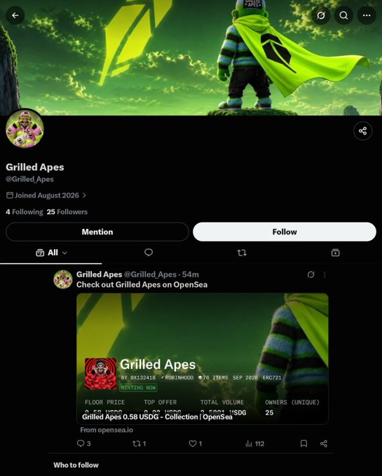 A Twitter profile for 'Grilled Apes' (@Grilled_Apes), a small NFT collection that joined in August 2026, featuring a banner with a green-clad superhero figure.