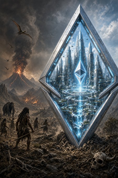 This visual metaphor presents a striking contrast between the harsh, dangerous world of early civilizations and a glimmer of hope in the form of Ethereum. The image is a powerful representation of the message in the accompanying text, suggesting that Ethereum, represented by the Eth token, offers a chance to invest in a future where financial systems are modernized and brought into the 21st century.