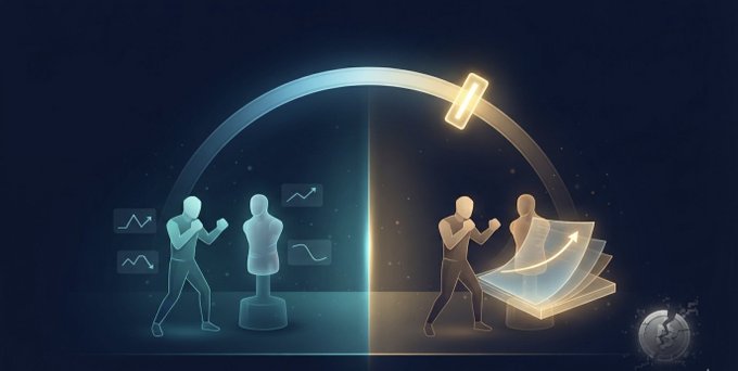 A conceptual digital illustration showing two figures boxing against training dummies, with a divided semicircular frame—one side showing a blue figure and the other a golden figure lifting pages/weights—with small chart icons on the left.