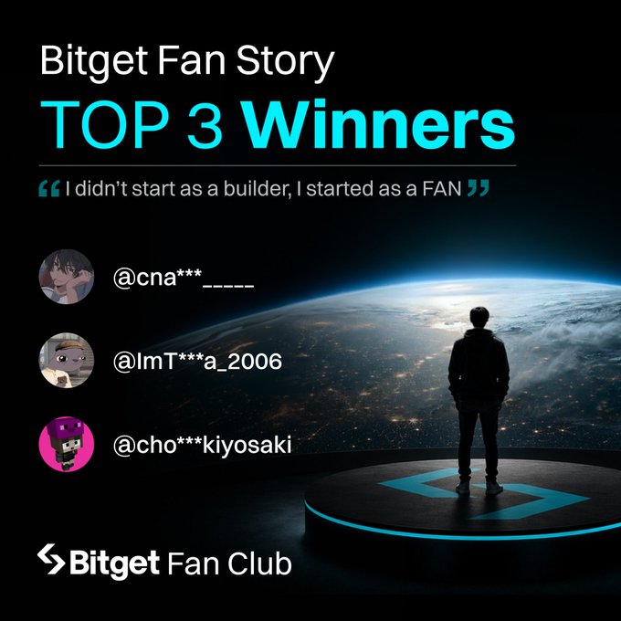 The image features a man standing on a platform with a planet in the background. The caption of the image reads "I didn't start as a builder, I started as a fan." This statement seems to be related to the Bitget Fan Story poster or social media post. The poster also includes three different people's names and their corresponding Twitter handles: "@CNA", "@IMT", and "@IMT2006". These handles are likely used by the individuals featured in the image, possibly as part of a fan club or online community dedicated to Web3 enthusiasts.