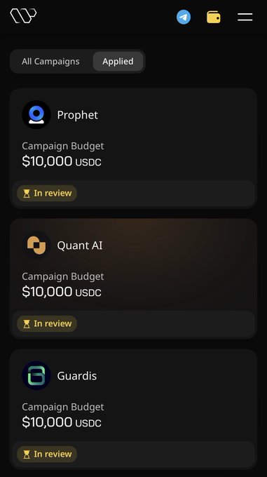 The image shows a phone screen displaying three different apps with their descriptions. The first app is called "gQuack" and has a rating of 10 out of 10, while the other two apps are named "Campaign Budgets" and "Campaign Budget Review". The text on the screen suggests that someone has applied for these campaigns or is reviewing them.