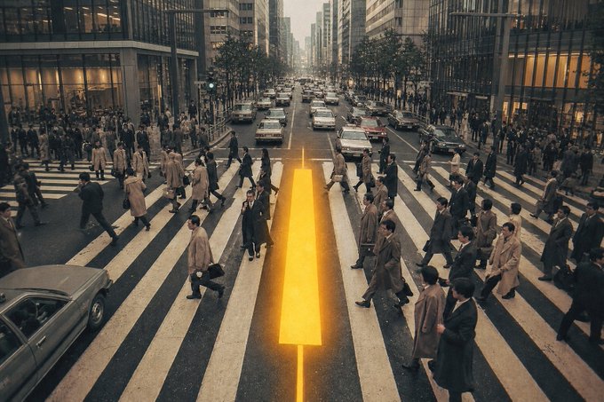 A bustling 1980s city intersection filled with pedestrians in trench coats and power suits crosses at a crosswalk, surrounded by vintage cars and towering office buildings, with a glowing yellow line down the center of the road evoking the era's bold, neon-lit aesthetic. The scene perfectly captures the retro spirit of "The 80s are back," with its vintage fashion, classic automobiles, and stylized urban energy reminiscent of that iconic decade.
