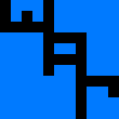 A minimalist blue pixel-art style image showing a dark stairway or geometric structure.