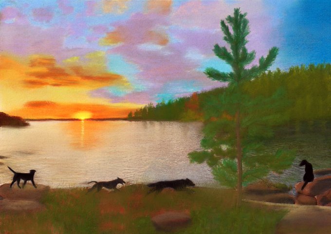 A digital painting depicts a sunset over a calm lake with silhouetted figures of dogs running on rocks in the foreground and a tall pine tree on the right.