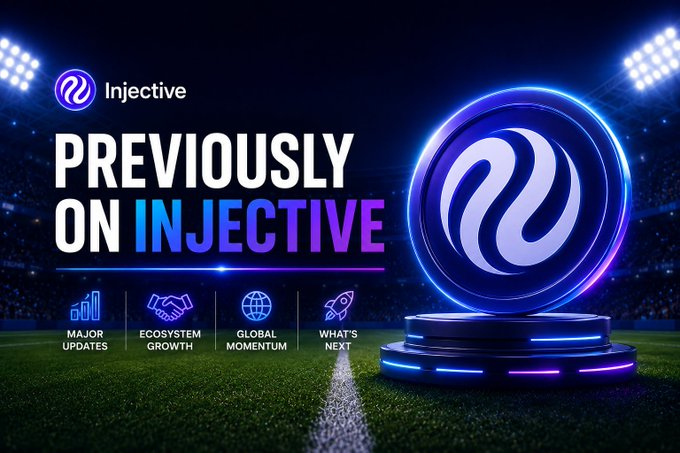 A sports stadium-themed graphic featuring the Injective logo and the bold headline "PREVIOUSLY ON INJECTIVE," with four category icons below labeled "MAJOR UPDATES," "ECOSYSTEM GROWTH," "GLOBAL MOMENTUM," and "WHAT'S NEXT," visually introducing a weekly recap of Injective (INJ) developments.
