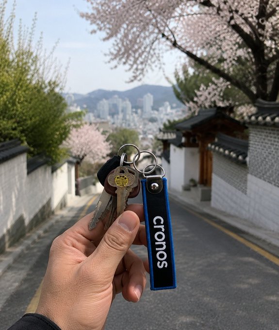 A hand holding a set of keys with a blue keychain reading 'cronos,' with a scenic background of cherry blossoms, traditional Korean architecture, and a city skyline.