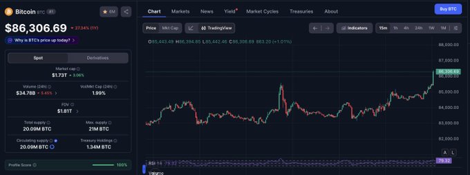 A screenshot of a cryptocurrency website displaying the Bitcoin price at $86,306.69 with a +1.01% increase, showing a candlestick chart and market statistics.