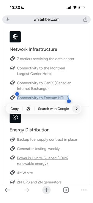 A mobile screenshot of the whitefiber.com website showing Network Infrastructure and Energy Distribution details for a data center, including 7 carriers servicing the location and Hydro-Quebec providing 100% renewable energy.
