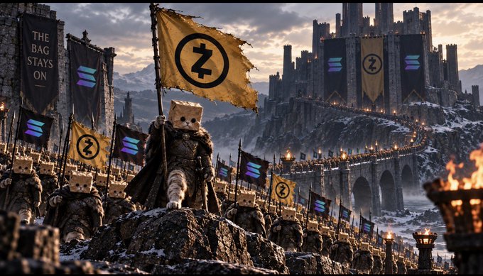 An army of armored figures wearing paper bags over their heads marches toward a castle flying banners emblazoned with the "Z" symbol and the text "THE BAG STAYS ON," reinforcing the $ZCAT meme about hodling despite market uncertainty.