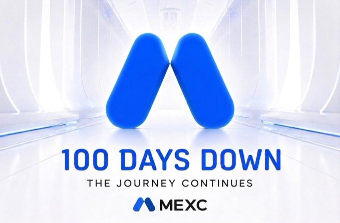A MEXC crypto exchange promotional banner reading '100 DAYS DOWN - THE JOURNEY CONTINUES' with the blue MEXC logo.