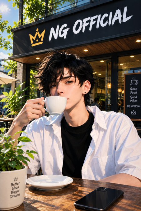 An illustrated young man with dark hair sips from a white coffee cup at an outdoor cafe under a sign reading "NG OFFICIAL" with a crown logo.