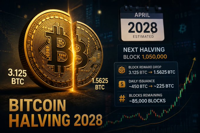 An infographic titled 'BITCOIN HALVING 2028' showing a gold Bitcoin coin, a calendar marked 'APRIL 2028', and details including 'NEXT HALVING BLOCK 1,050,000', 'BLOCK REWARD DROP 3.125 BTC -> 1.5625 BTC', 'DAILY ISSUANCE ~450 BTC -> ~225 BTC', and 'BLOCKS REMAINING ~85,000 BLOCKS'.