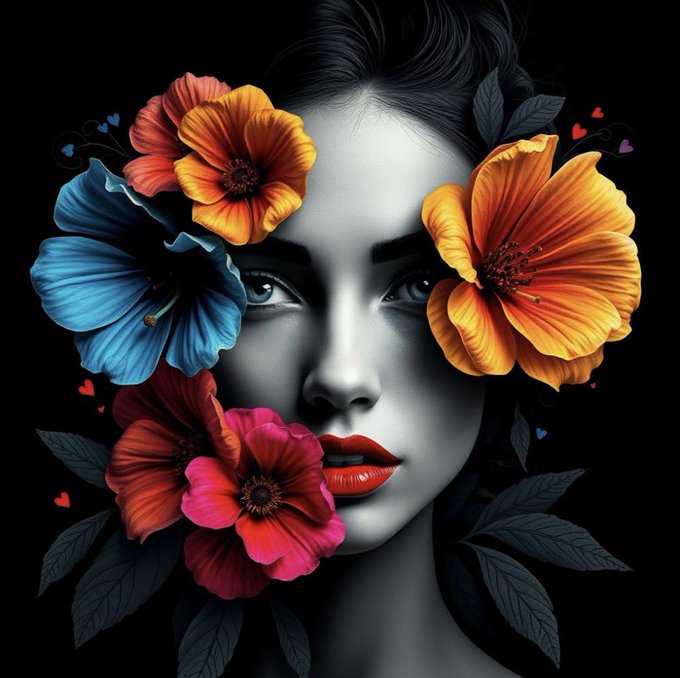The image features a woman with her eyes closed, wearing red lipstick and surrounded by colorful flowers. The background of the image is black, which contrasts with the vibrant colors of the flowers and the woman's makeup. The caption for this image reads "Good evening #TezosTuesday In a world of colors 1/1 10 xtz to collect objkt.com/tokens/KT1PSi5".