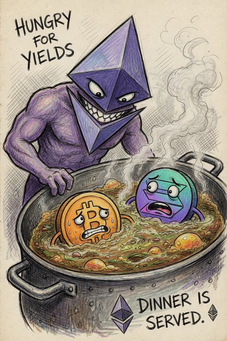 An illustrated cartoon depicts a muscular purple Ethereum character cooking terrified Bitcoin and another crypto coin in a large pot, with the text 'HUNGRY FOR YIELDS' and 'DINNER IS SERVED.'