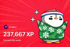 The image features a cartoon penguin wearing a green sweater with white snowflakes, standing against a red background. The text "Happy XP Day" is written above the penguin's head, indicating that it has been active this week on @AbstractChain for accumulatingXP points. The post also mentions that the penguin has gained 246,034 XP points and has been awarded a free XP card as a reward.