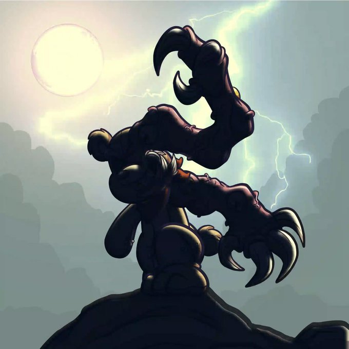 An artistic illustration of a dark, monstrous figure with large clawed hands reaching upward against a sky featuring a bright sun or moon and lightning.