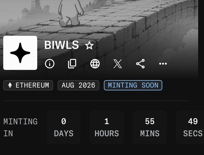 A digital NFT minting page displays the 'BIWLS' collection on Ethereum, with minting scheduled for August 2026 in 0 days, 1 hour, 55 minutes, and 49 seconds, featuring a grayscale cartoon character walking on a brick wall.