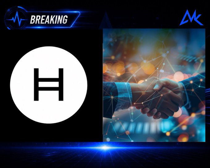 A "BREAKING" news graphic features a large white circle with the Hedera (HBAR) logo on the left and an image of a handshake overlaid with digital network connections on the right, visually symbolizing the Hedera Council's announcement of new strategic and community partnerships.