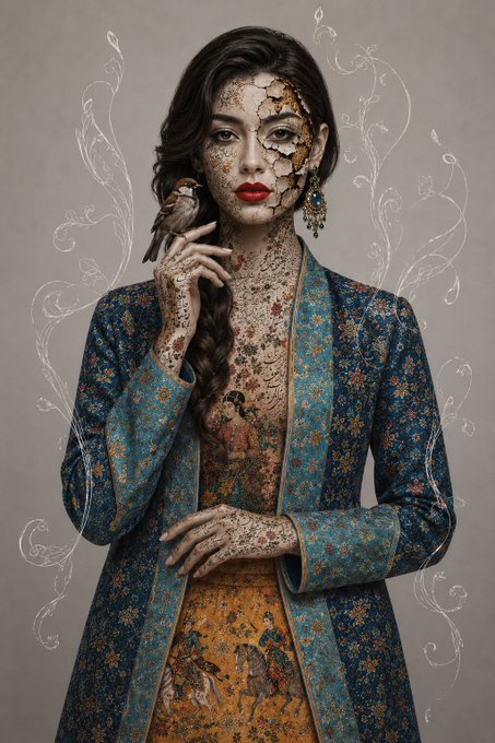 An artistic portrait shows a woman with intricate henna designs covering her face and chest, wearing a patterned blue and orange garment, holding a small bird on her hand.