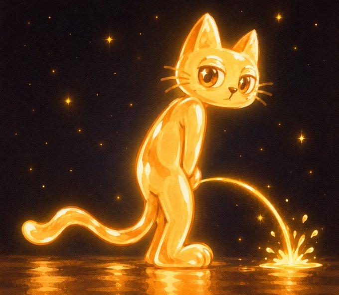 A digital artwork depicting a glowing golden-orange cat with large expressive eyes, standing on a reflective surface against a starry night background, playfully urinating a stream of liquid that splashes into a glowing puddle.