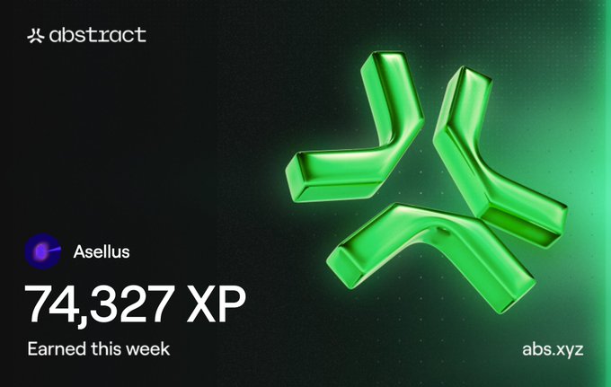 An Abstract XP earnings notification showing 74,327 XP earned this week by user Asellus, featuring a large glowing green Abstract logo.