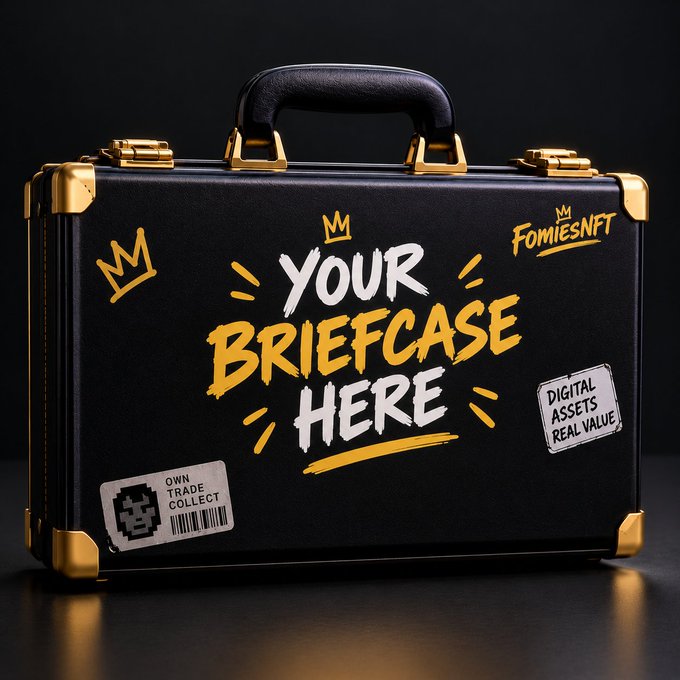 A black and gold briefcase with crown doodles displays hand-painted text reading "YOUR BRIEFCASE HERE," along with "FomiesNFT" branding, a "DIGITAL ASSETS REAL VALUE" sticker, and an "OWN TRADE COLLECT" label with a pixel art icon—capturing the eager anticipation of waiting for a Fomies NFT briefcase delivery.