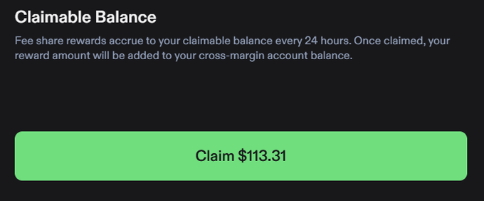 A "Claimable Balance" screen displays a green "Claim $113.31" button, showing the accumulated fee share rewards from Phoenix Trade that can be added to the user's cross-margin account. This corresponds to the user's post about day 8 of collecting daily USDC rewards on Phoenix, representing the tangible payout from their trading activities and open interest positions.