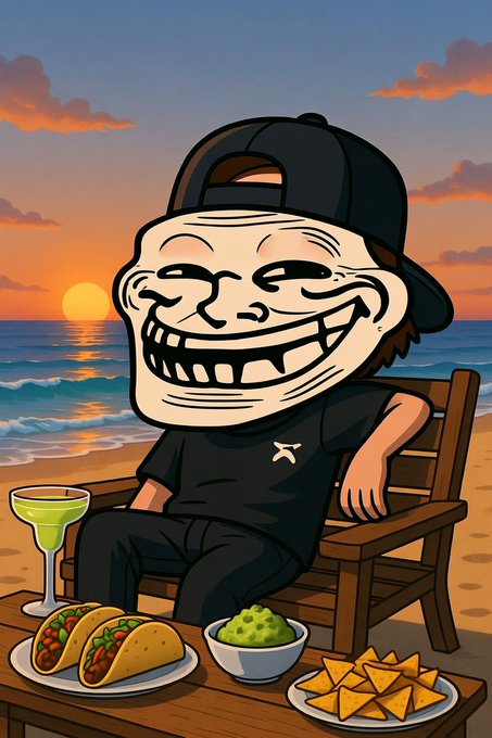 A cartoon-style caricature of a troll face character wearing a backwards hat and black shirt, sitting at a beach table at sunset with tacos, guacamole, chips, and a margarita, with an 'X' logo on the shirt.