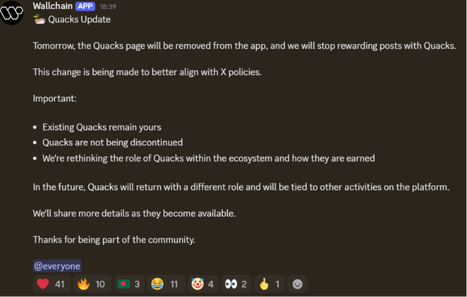 The image features a screenshot of an app named "Wallchain Quackers" with the text displayed at the bottom right corner, which reads " Important announcement on Wallchain Quackers: The Quacks page is going away on the @wallchain app, Quack rewards for posts are stopping, and now we're waiting to see what's next." The email also mentions that a new change will be implemented in the future.
