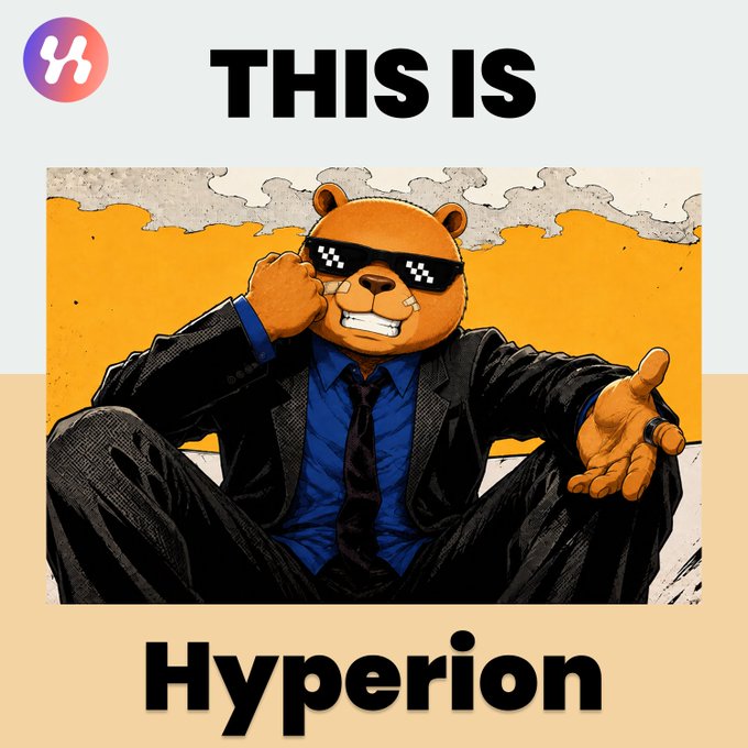 A meme-style graphic with bold text reading 'THIS IS Hyperion' above an illustration of an orange bear character wearing pixelated sunglasses, a suit, and tie, with a Hyperion logo in the top-left.
