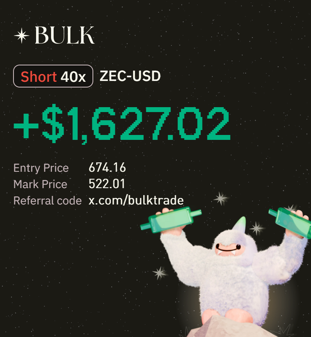 The image features an advertisement related to cryptocurrency trading, specifically for Bitcoin. It showcases a cartoon illustration of a white bear standing on its hind legs while holding two green bottles or "asset transfers" in its hands. The text on the image reads "Tested new updates on early.bulk.trade Now with Subaccounts, native asset transfers & Multisig. Super convenient for managing multiple positions and fast on-chain moves. $50K Trading Competition has ended. Platform keeps improving fast."