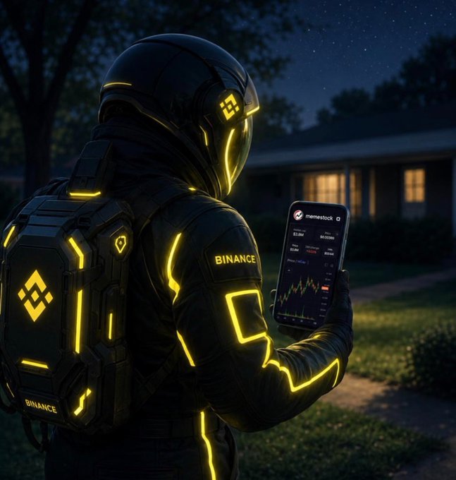 A figure in a futuristic black-and-yellow tactical suit with glowing "BINANCE" and "themetestock" branding stands before a suburban home at night, holding a phone displaying a crypto chart for "themetestock." The imagery mirrors the post's narrative of stealth accumulation and community building, with the armored "whale" and Binance-bag symbolism representing $MEMESTOCK's quiet but powerful foundation stage before a major move.