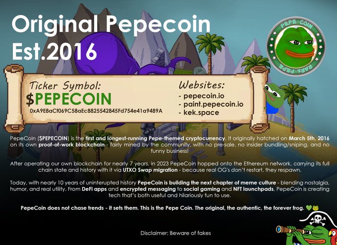 A promotional graphic for 'Original Pepecoin Est. 2016' with the ticker symbol '$PEPECOIN', listing websites pepecoin.io, paint.pepecoin.io, and kek.space, with text describing it as the first and longest-running Pepe-themed cryptocurrency.