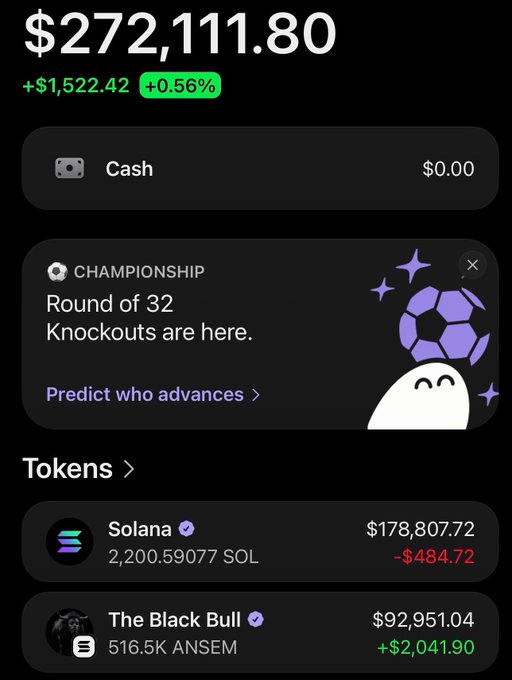 The image shows a portfolio totaling $272,111.80 (up +$1,522.42 or +0.56%), with holdings in **Solana (2,200.59 SOL at $178,807.72, down $484.72)** and **The Black Ball/ANSEM (516.5K ANSEM at $92,951.04, up $2,041.90)**, alongside $0.00 cash. This directly supports the poster's question, confirming they only hold ANSEM and SOL with no cash reserves, meaning any "new plays" would require selling one of the two current positions or waiting for additional funds.