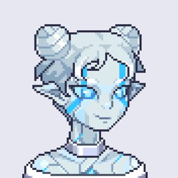 A pixel art portrait of an ice-themed female character with light blue skin, white hair in buns, and crystalline markings.